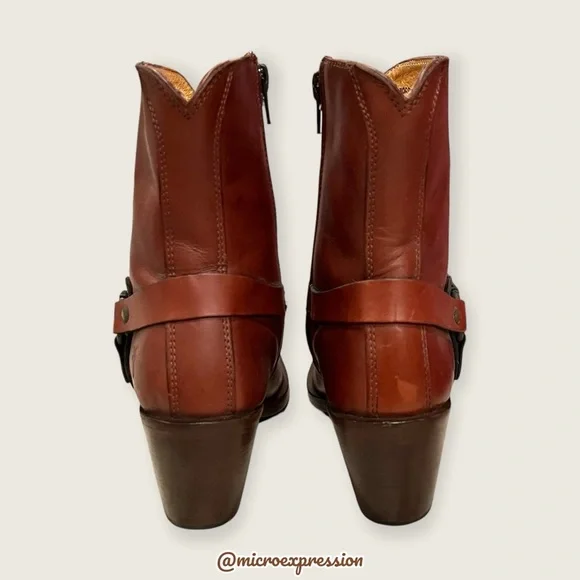 $359 Frye Romy Harness Brown Cognac Real Leather Vintage Cowboy Short Ankle Boot - Picture 5 of 12